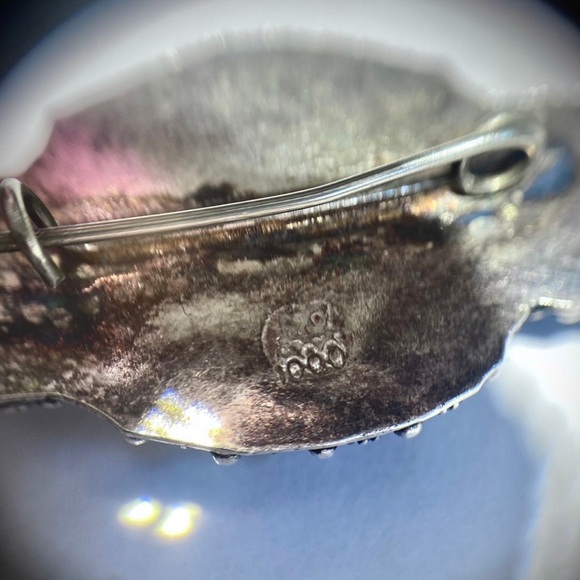 Antique Estate handmade sterling silver genuine Malachite Gemstone Brooch Pin - Picture 2 of 6